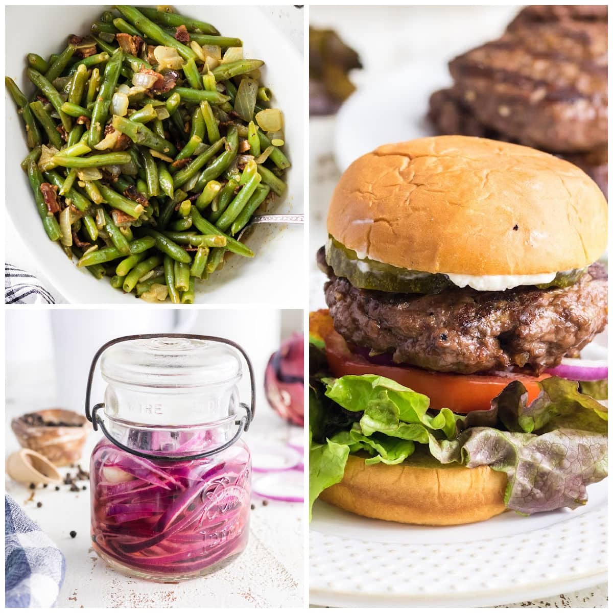 A collage of side dishes that go with hamburgers.