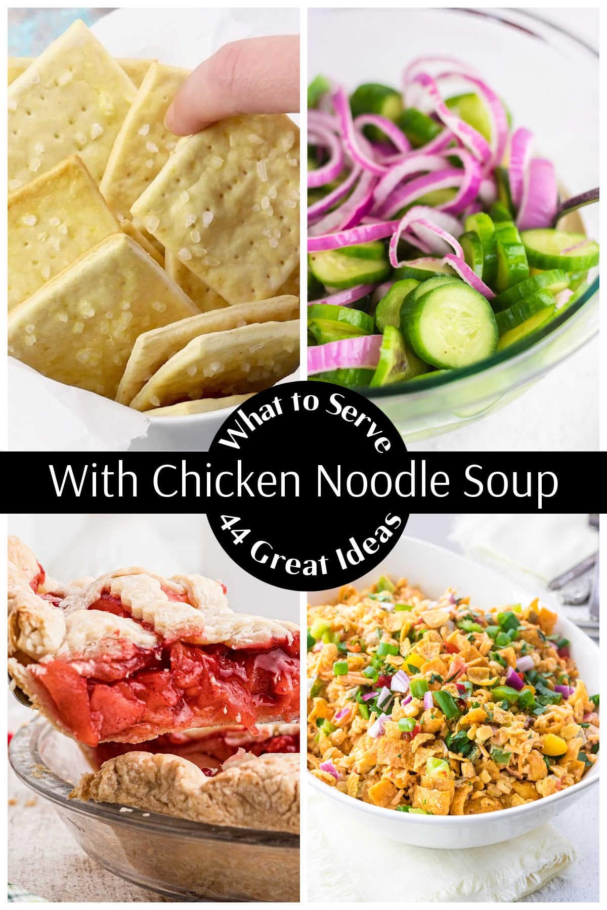 Side dishes for chicken noodle soup with a text overlay.