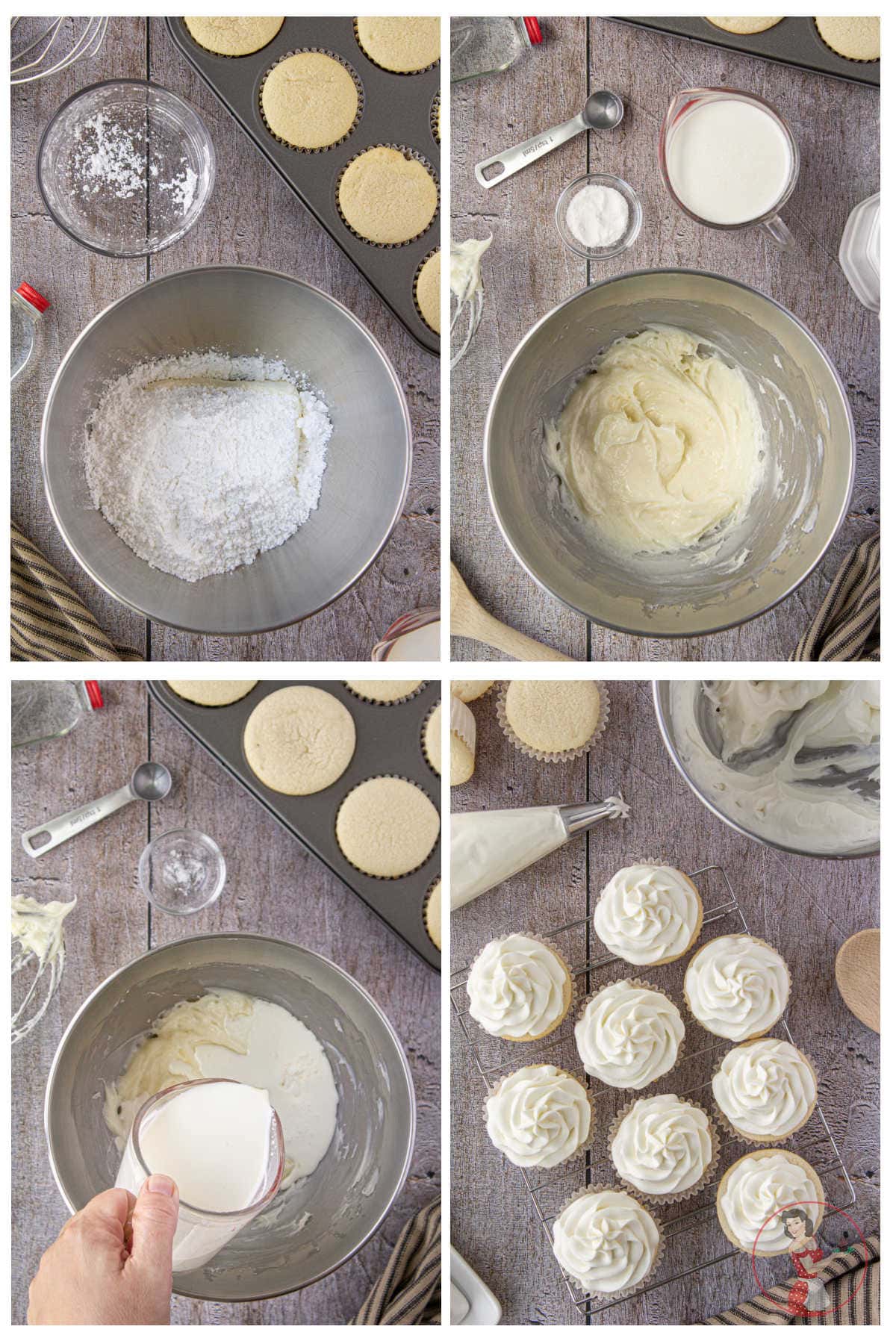 Step by step images showing how to make the frosting for these cupcakes.