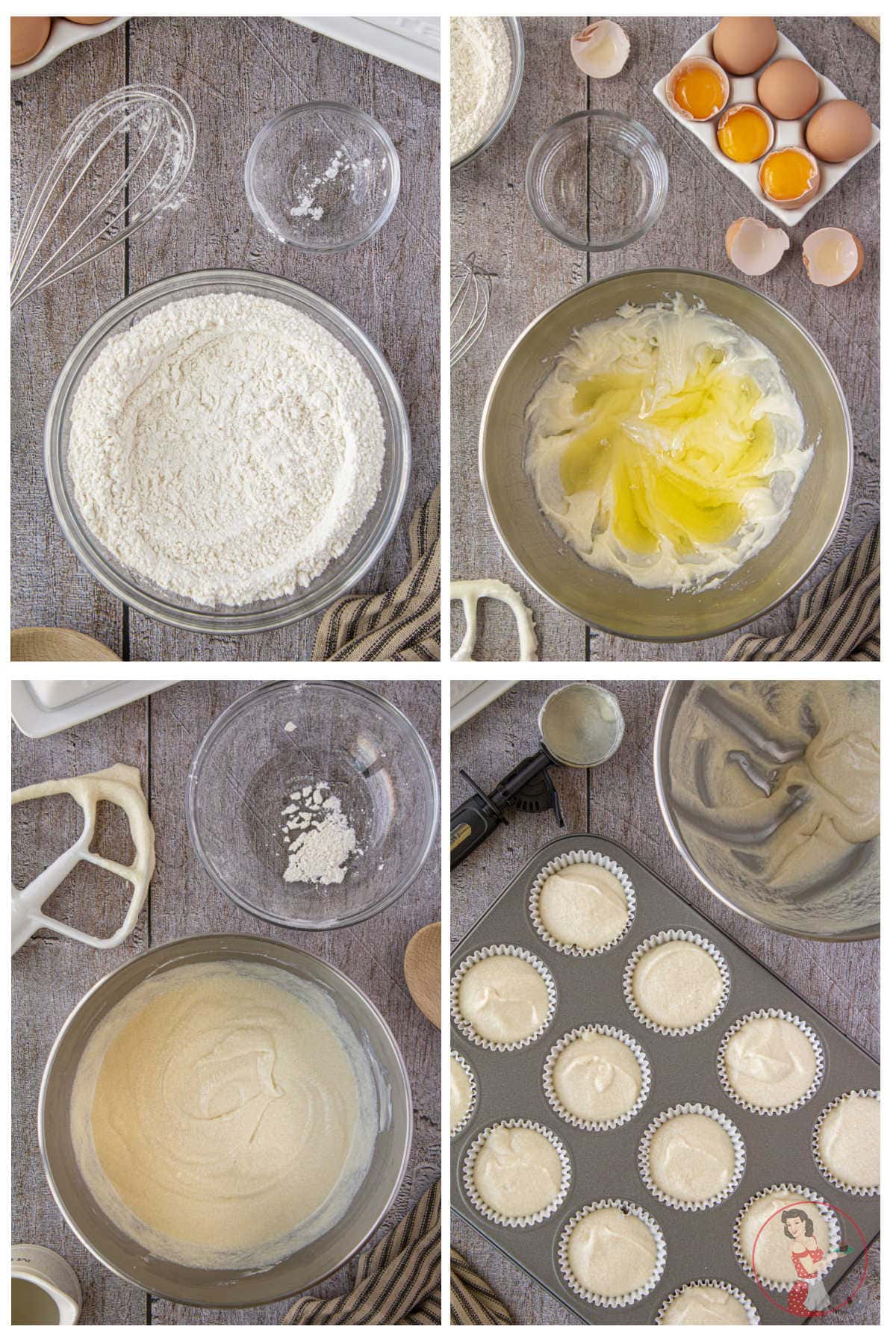 Step by step images showing how to make the cupcake batter.