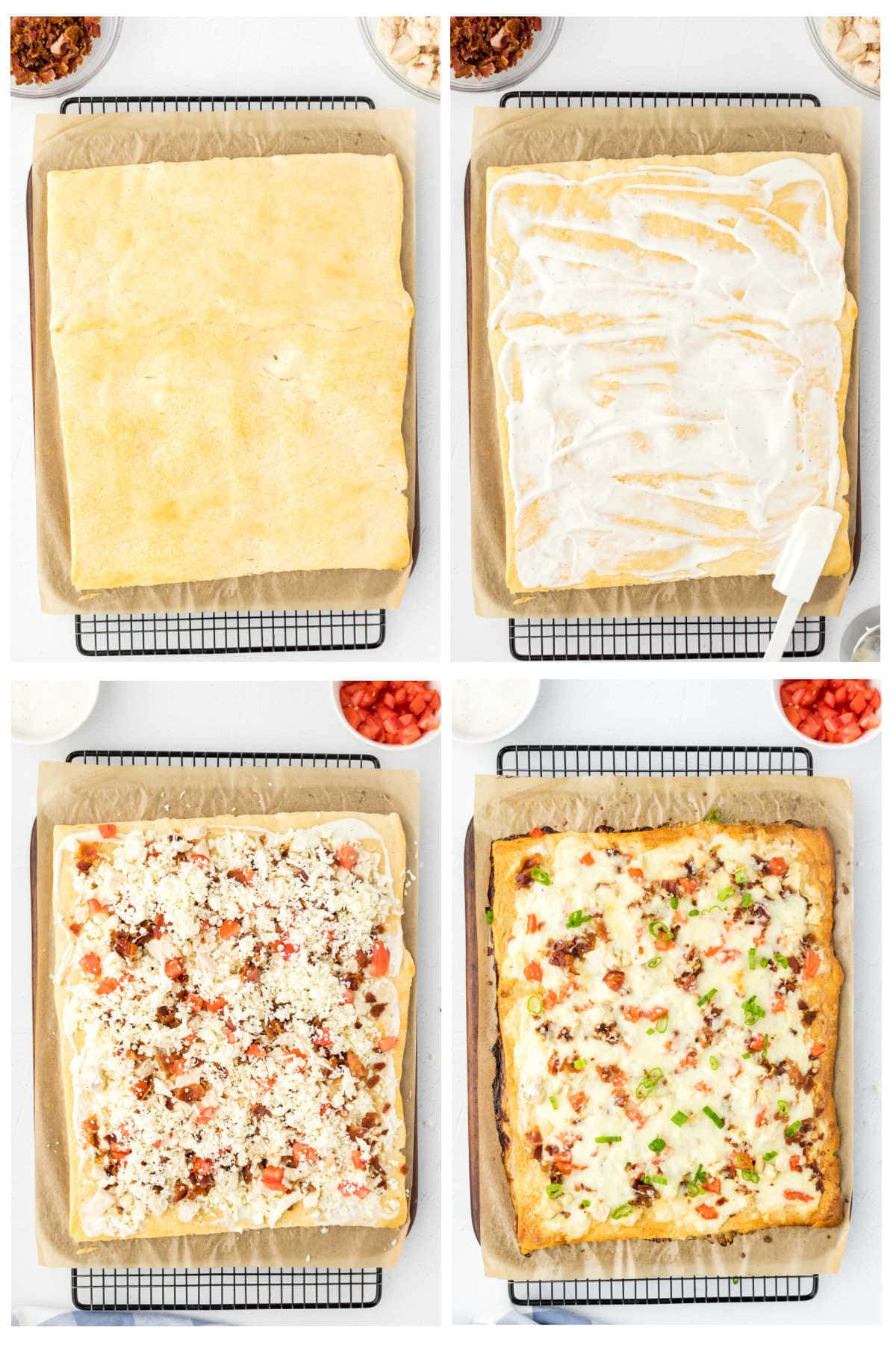 Step by step images showing how to make the pizza.