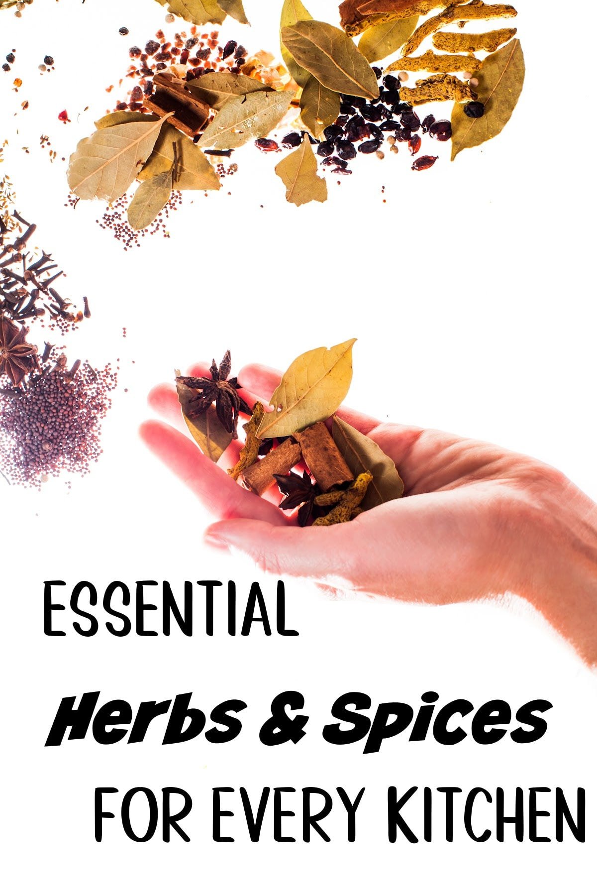 A hand with different kinds of herbs in it and a title text overlay.