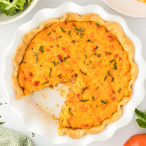 Overhead view of the pie with a slice removed. Feature image.