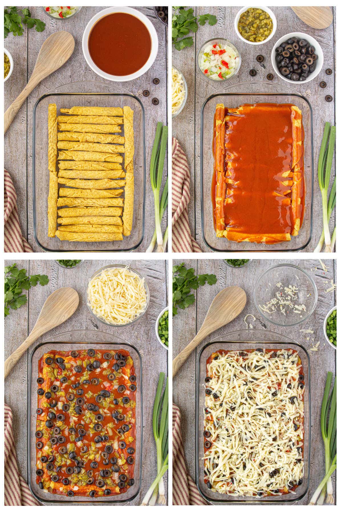 Step by step images showing how to make taquito casserole.