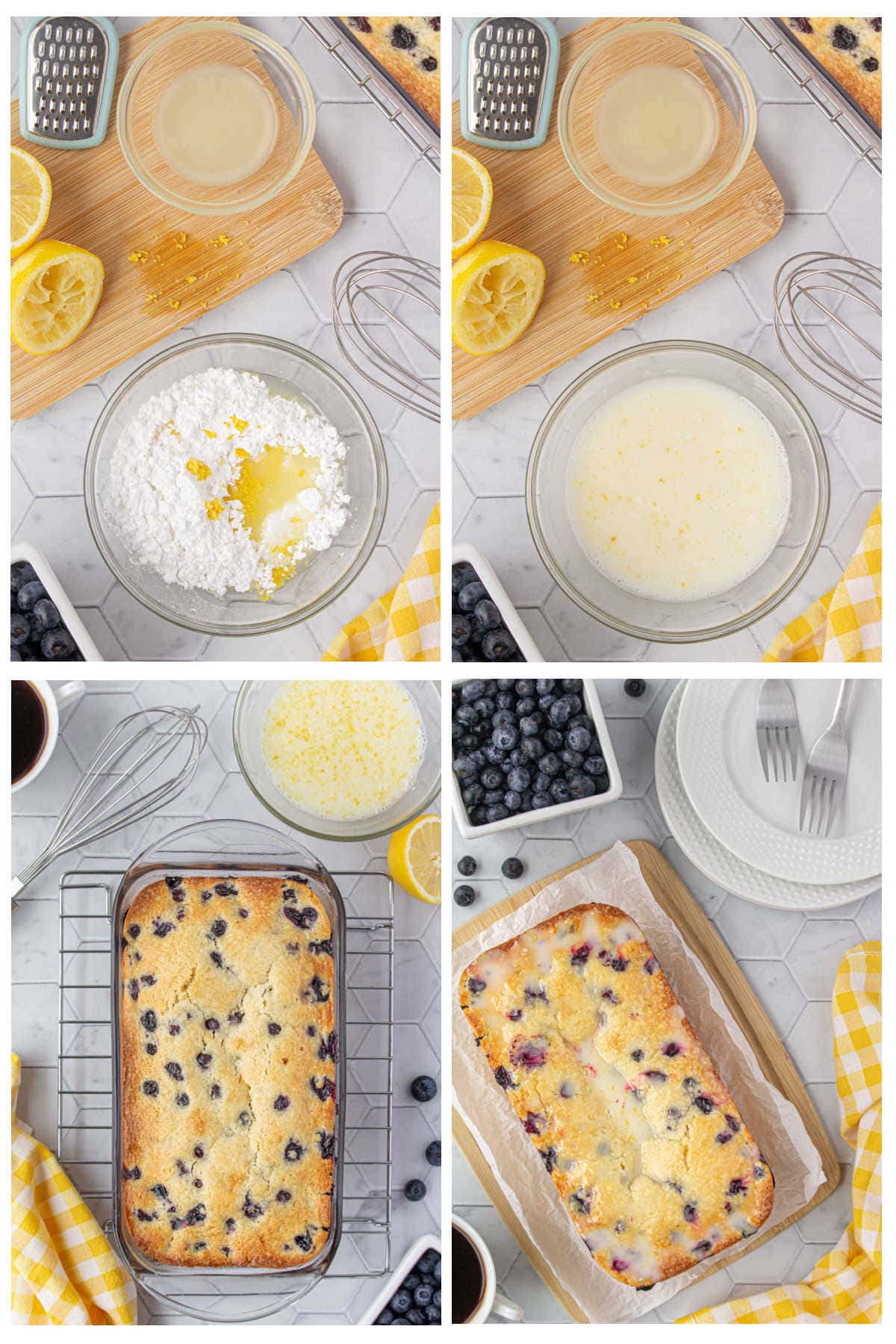 Step by step images showing how to make the glaze for lemon blueberry bread.