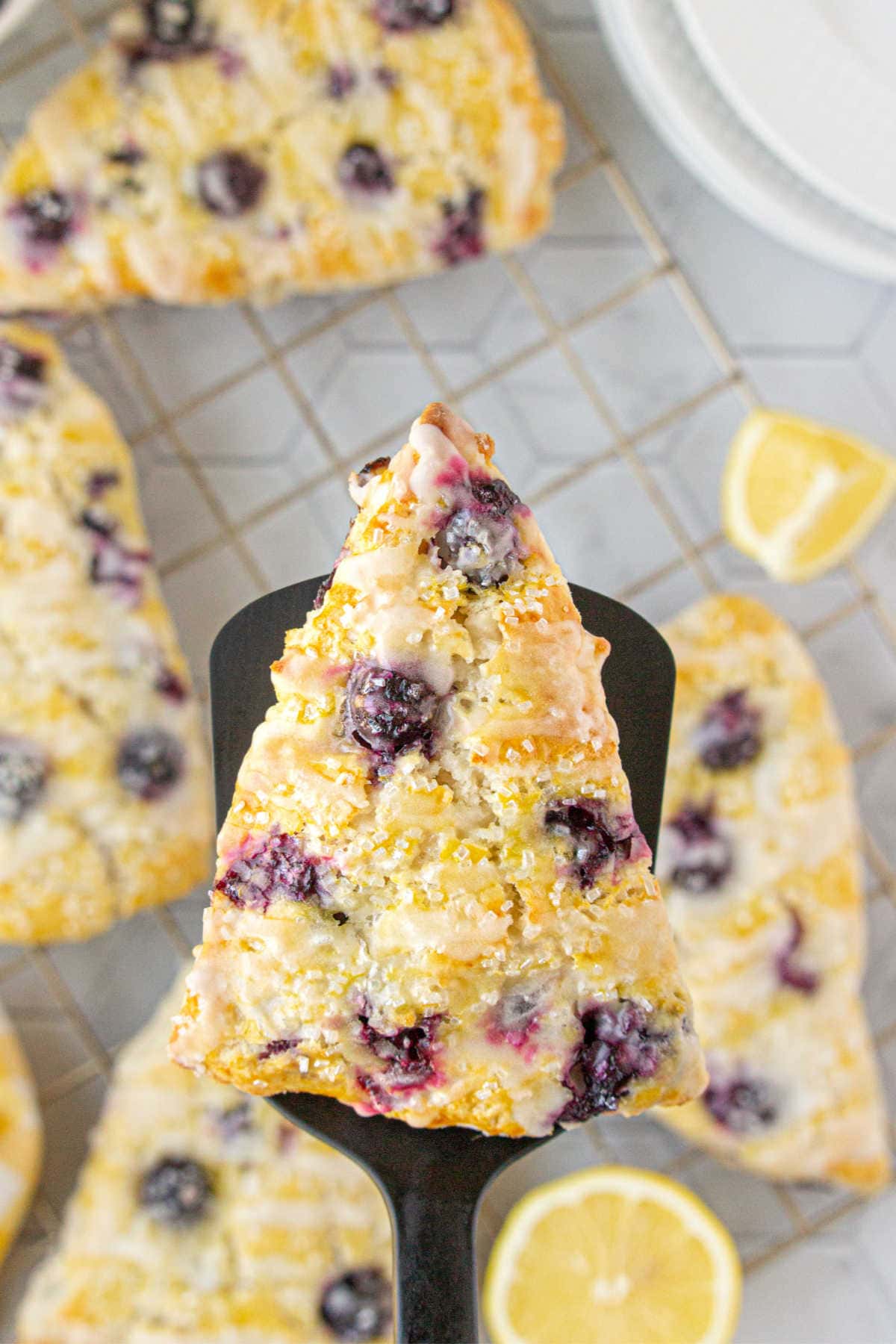 A lemon blueberry scone on a spatula.