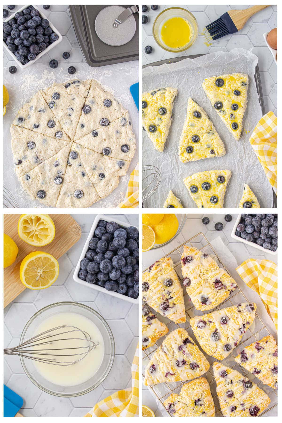 Step by step images showing how to cut and the scones and glaze them after they are baked.