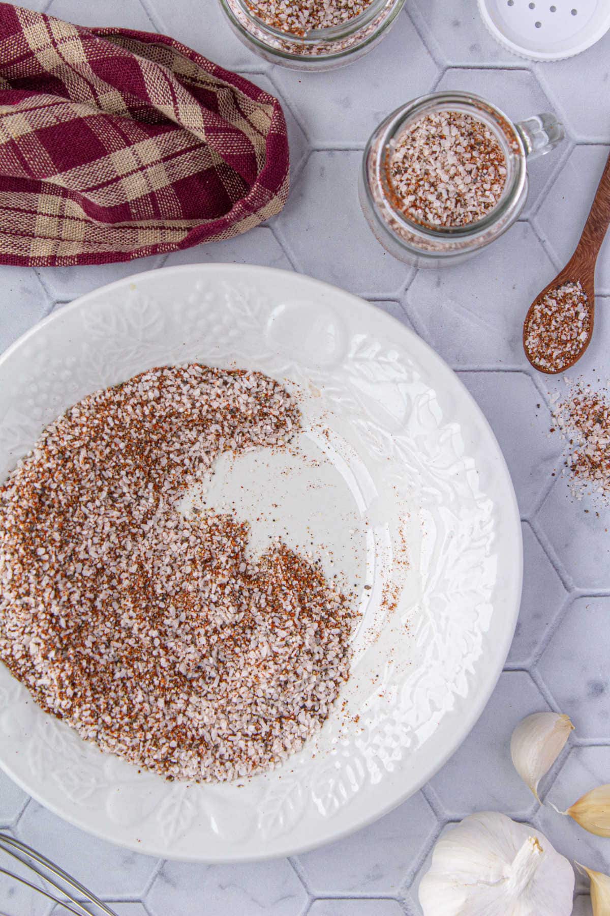 Overhead view of a bowl of seasoning mix.