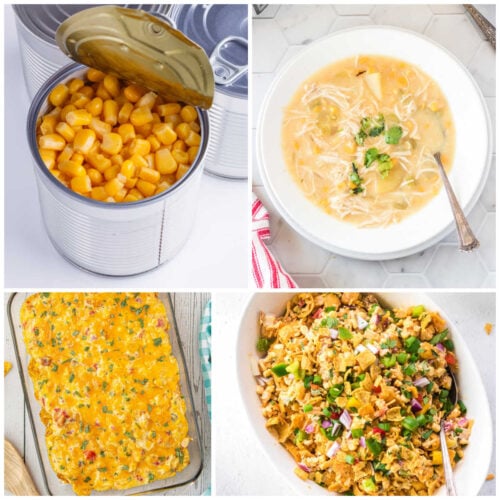 A collage of recipes made with canned corn.