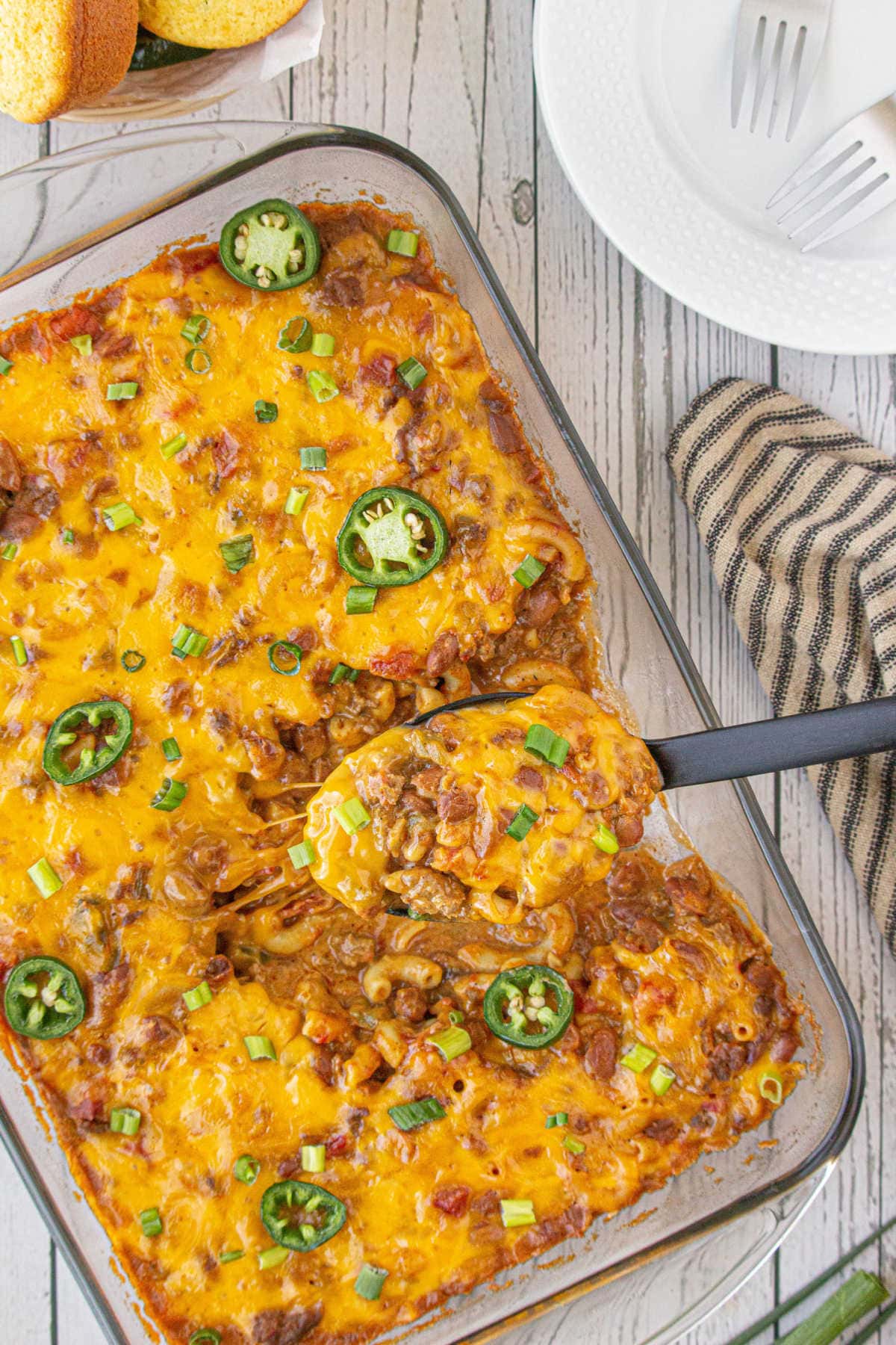 Overhead view of a spoonful of casserole.