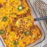 Overhead view of a spoonful of casserole.