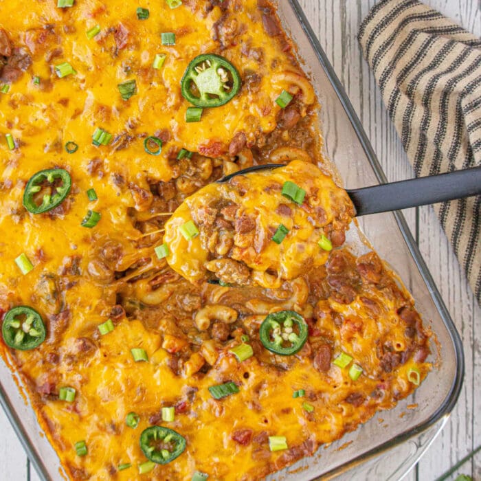 Overhead view of a spoonful of casserole.