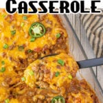 Overhead view of the casserole with a title text overlay.