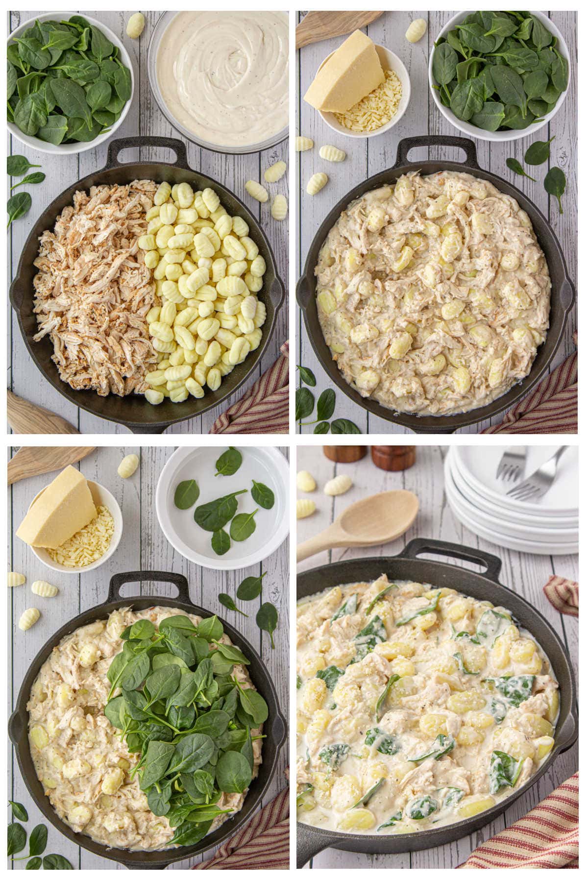 Step by step images showing how to make creamy chicken gnocchi.