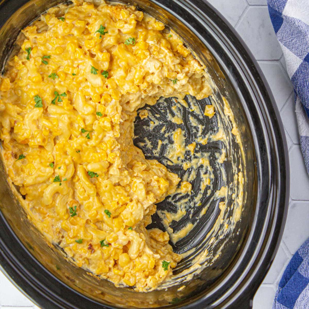 Overhead view of crock pot corn and macaroni casserole.