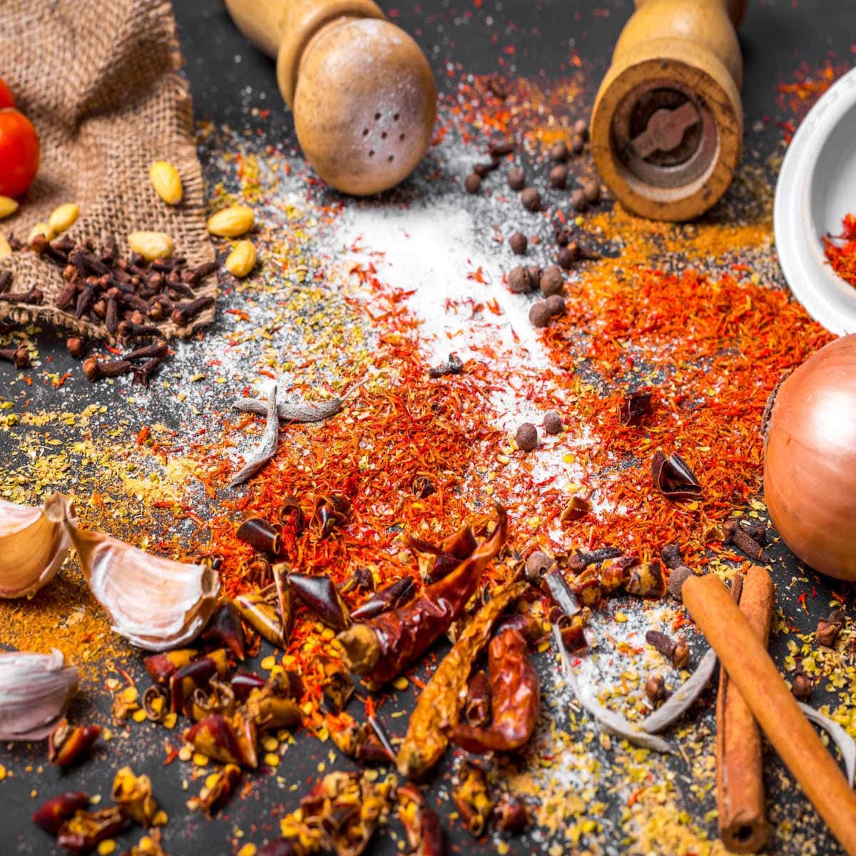 Herbs and spices all mixed together on a table.