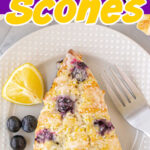A scone on a plate with a title text overlay for Pinterest.