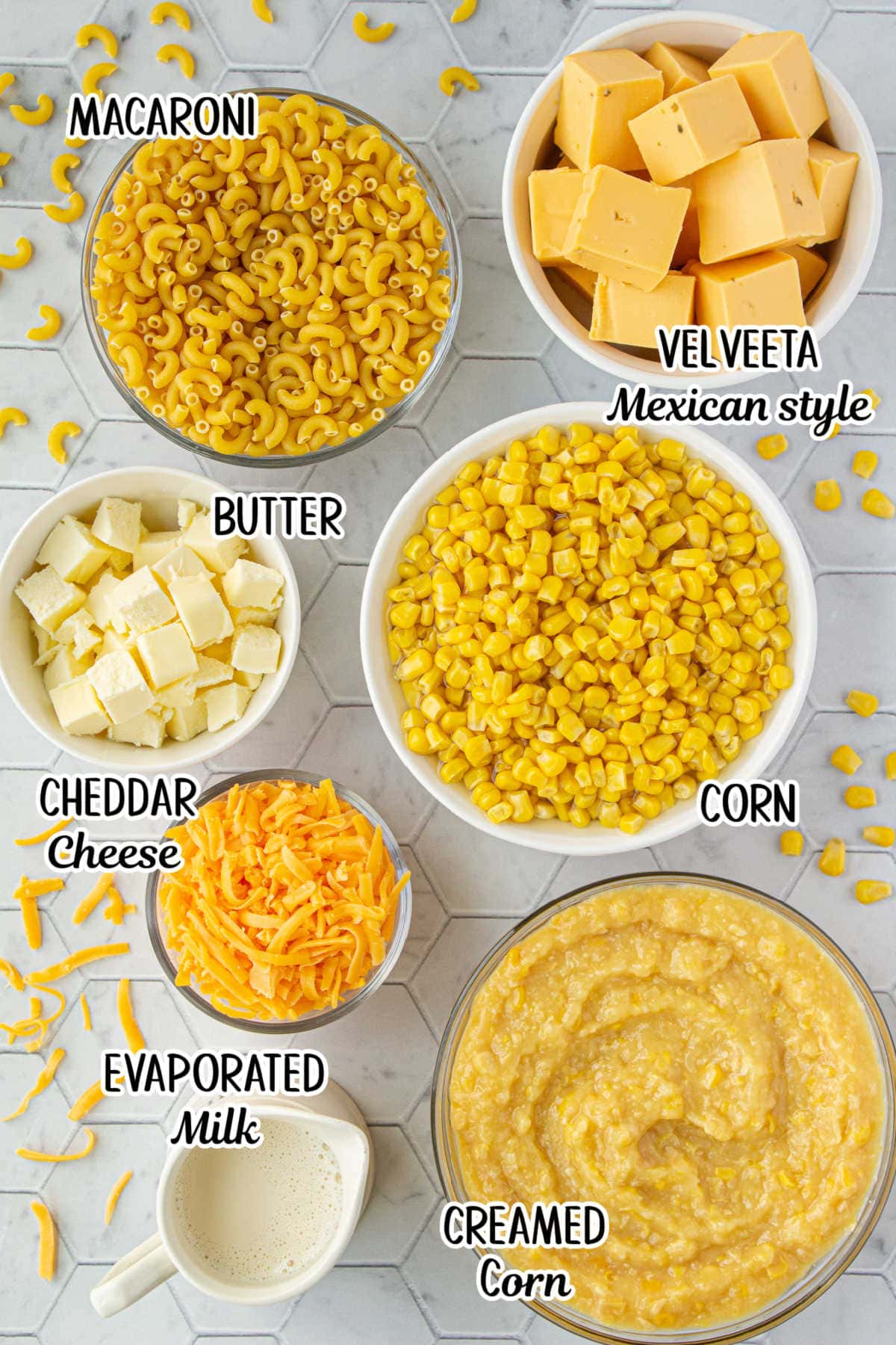 Labeled ingredients for the crock pot corn and macaroni casserole.