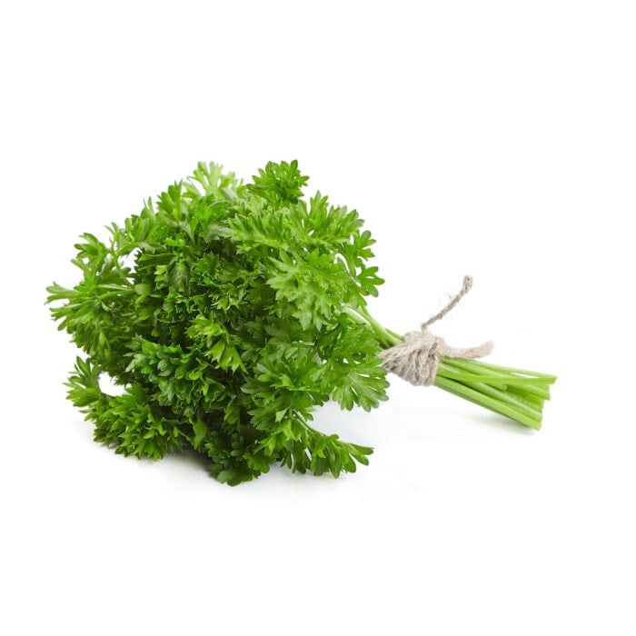 Parsley in a bunch on a table.