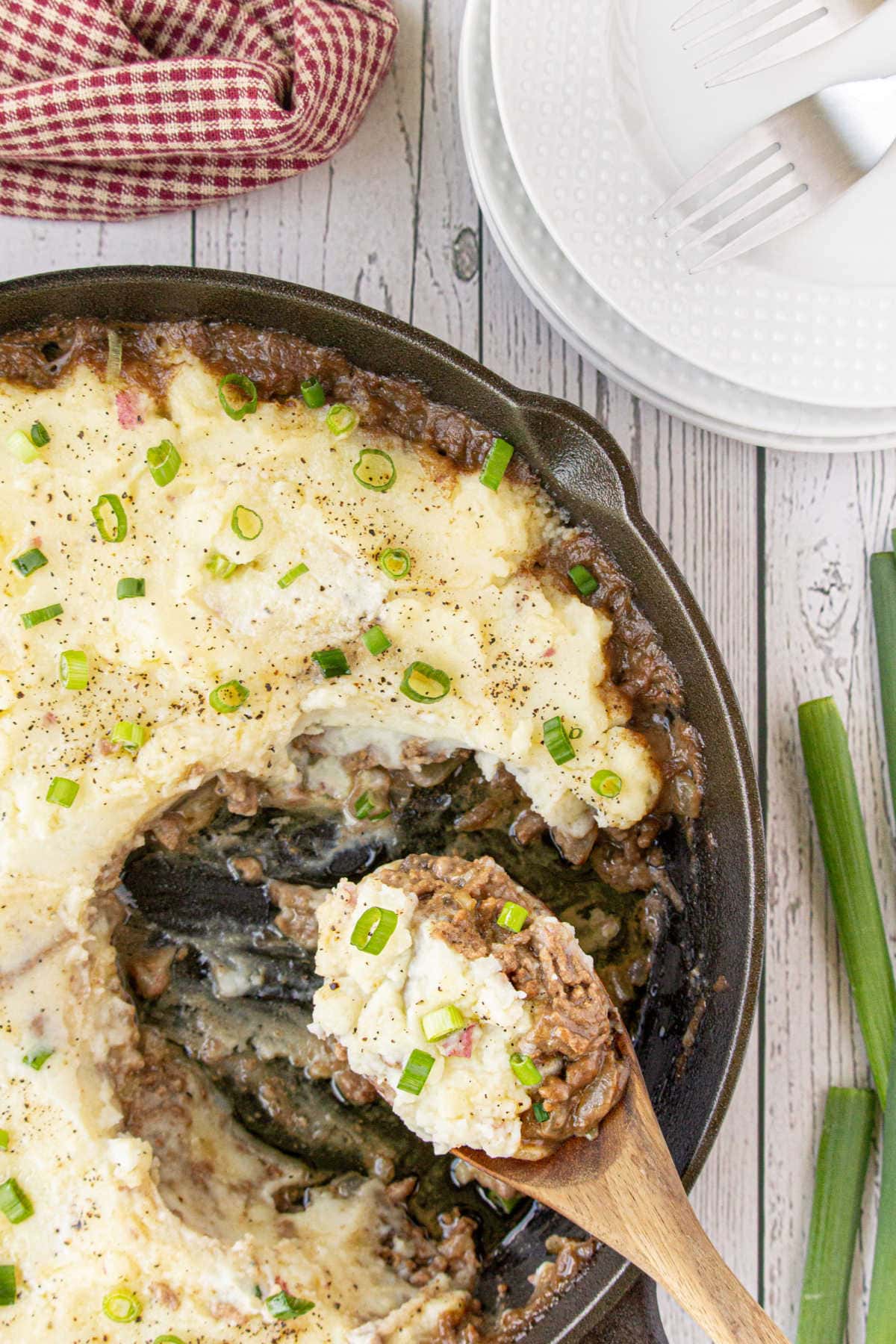 The ground beef casserole topped with mashed potatoes.