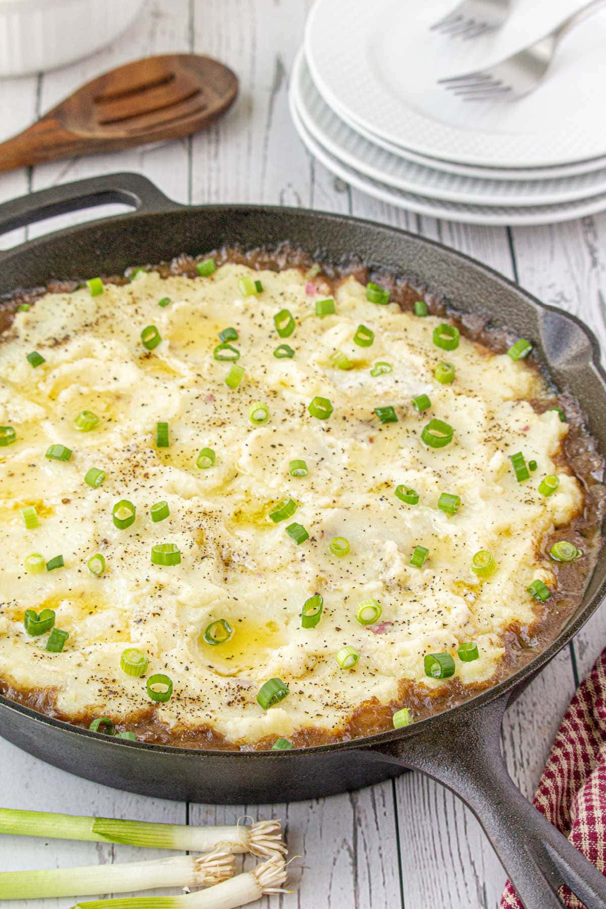 Finished casserole in an iron skillet.