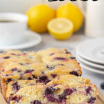 Slices of blueberry bread with a title text overlay for Pinterest.