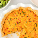Overhead view of this savory pie with text overlay for Pinterest.