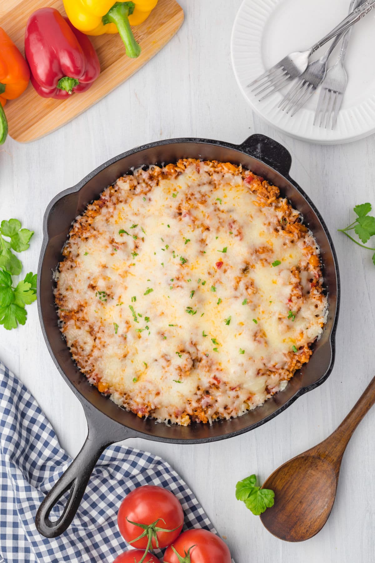 Delicious ground beef and rice casserole in an iron skillet
