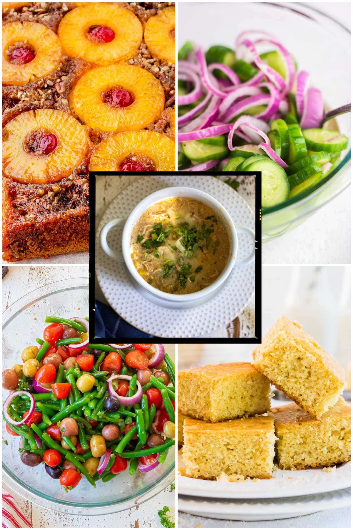 A collage of side dishes for white chicken chili.
