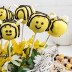 Closeup of the bee cake pops on sticks for featured image.