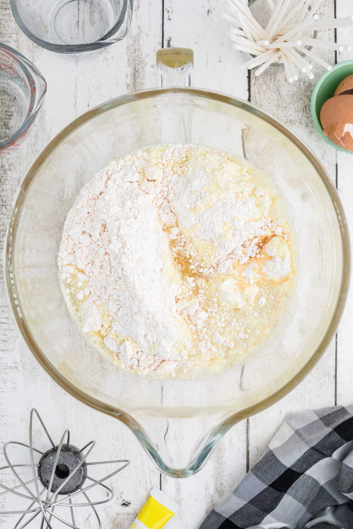 Cake mix being blended with the other ingredients.