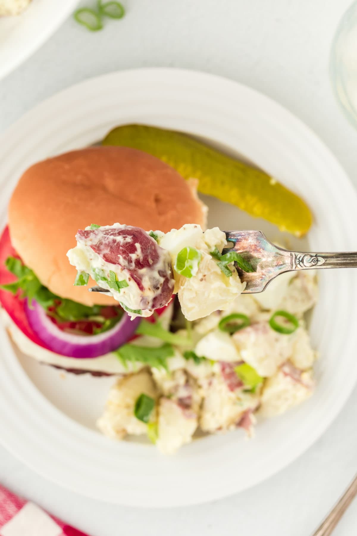 Overhead view of potato salad and a hamburger on a plate.