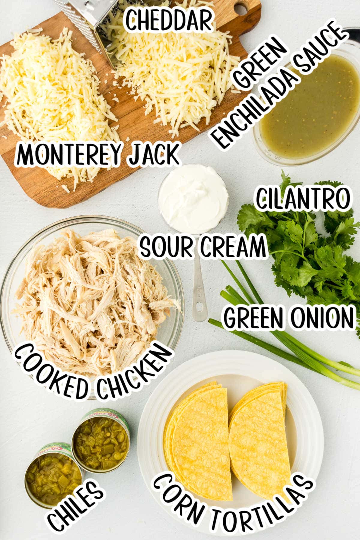 Labeled ingredients for sour cream chicken enchilada casserole.
