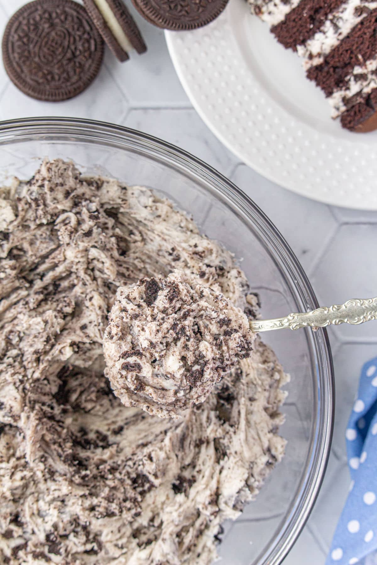 Oreo cake filling in a glass bowl.