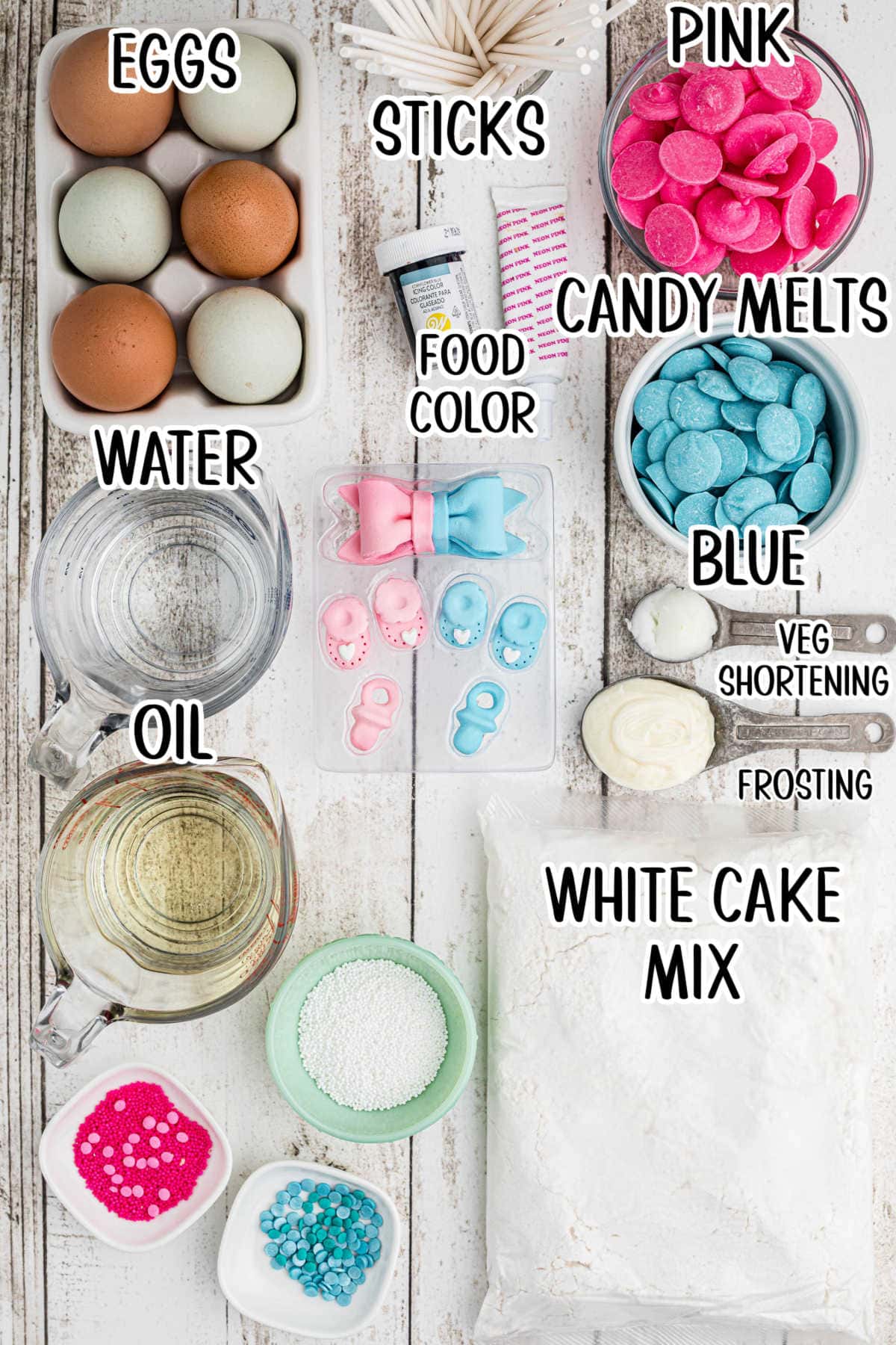 Labeled ingredients for cake pops.