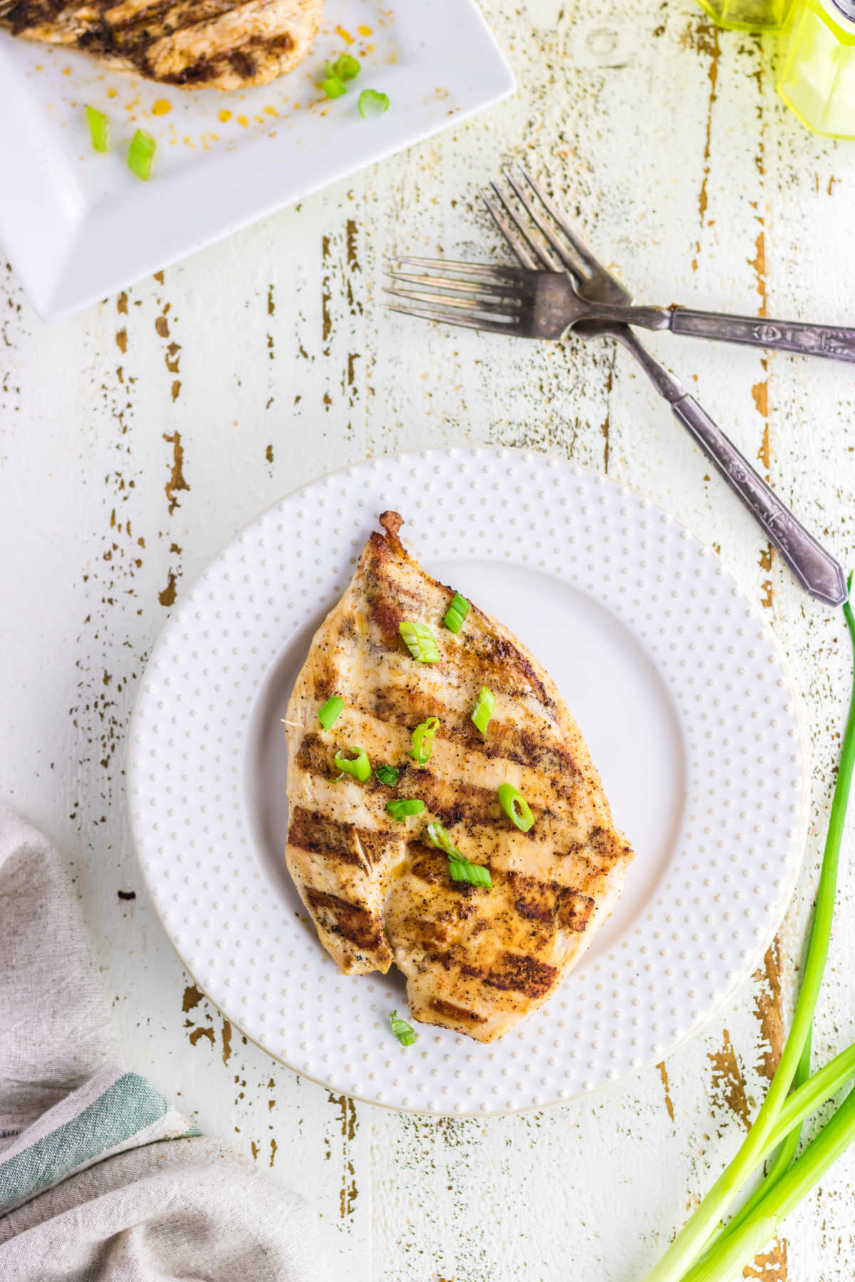 Overhead view of the grilled chicken garnished with green onions.