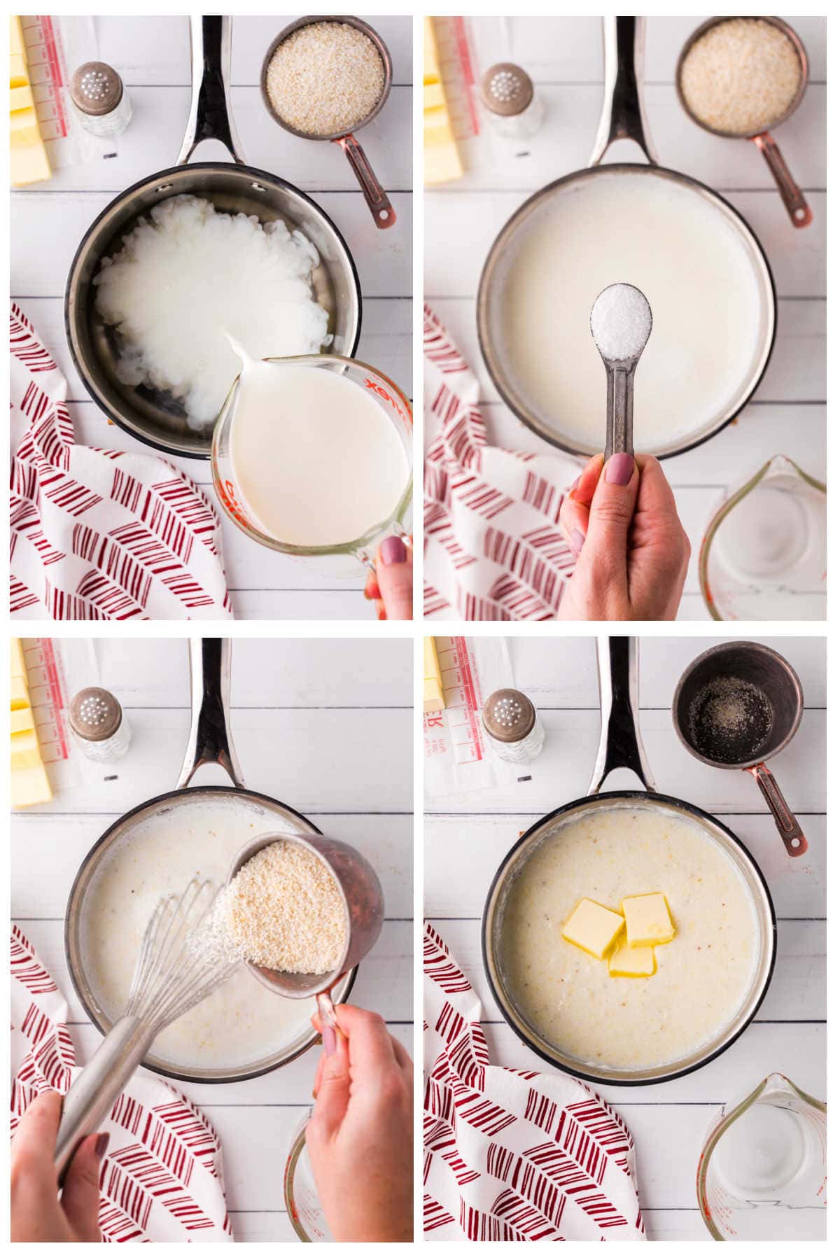 Step by step images showing how to make the creamy grits.
