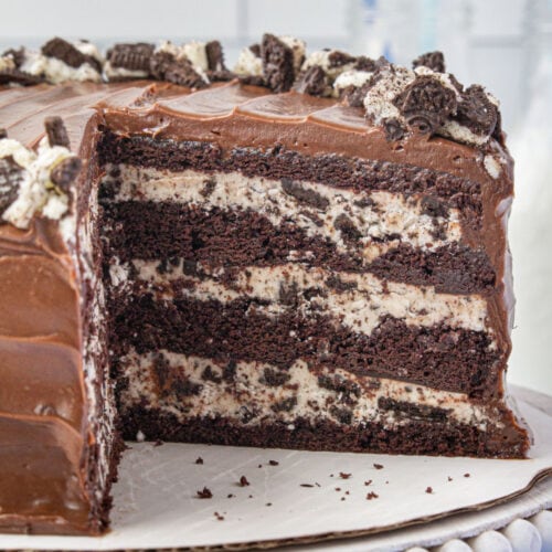 Closeup of the cut cake showing the layers and the texture.