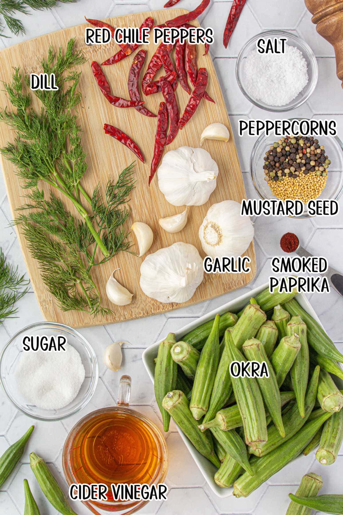 Labeled ingredients for pickled okra.