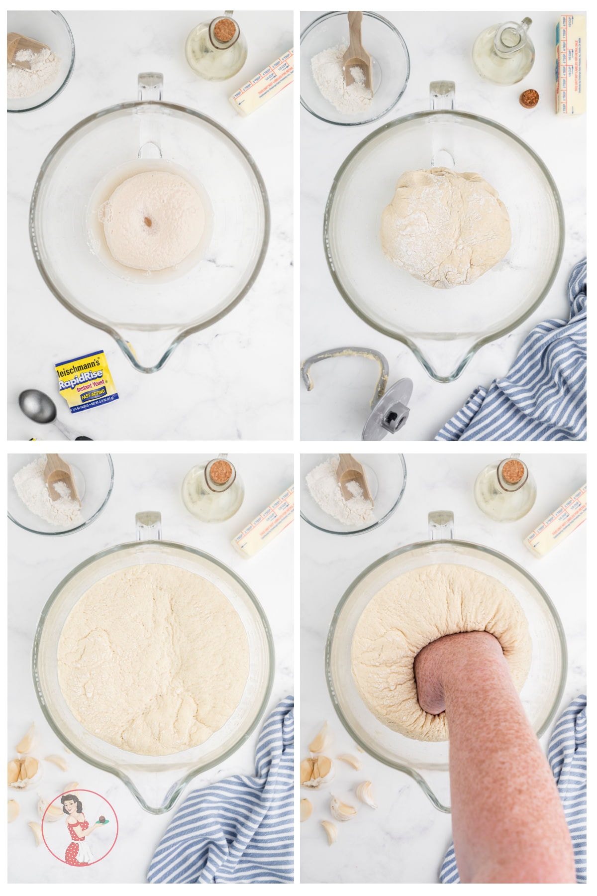 A collage of images showing how to mix yeast dough.