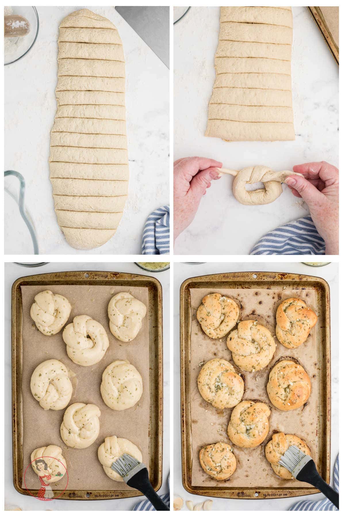Step by step images showing how to shape the garlic knots.