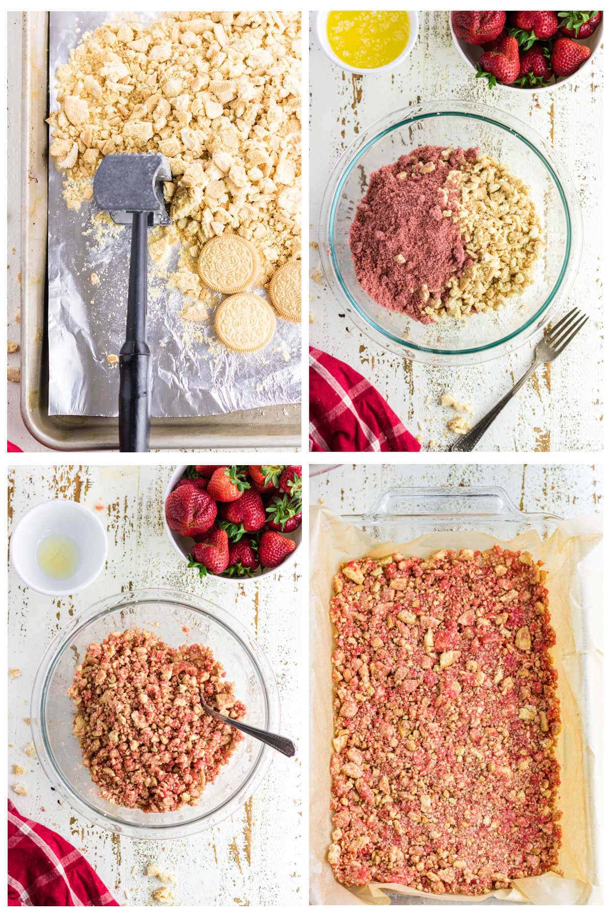 Collage of images showing how to make the crumbs for strawberry crunch ice cream cake.