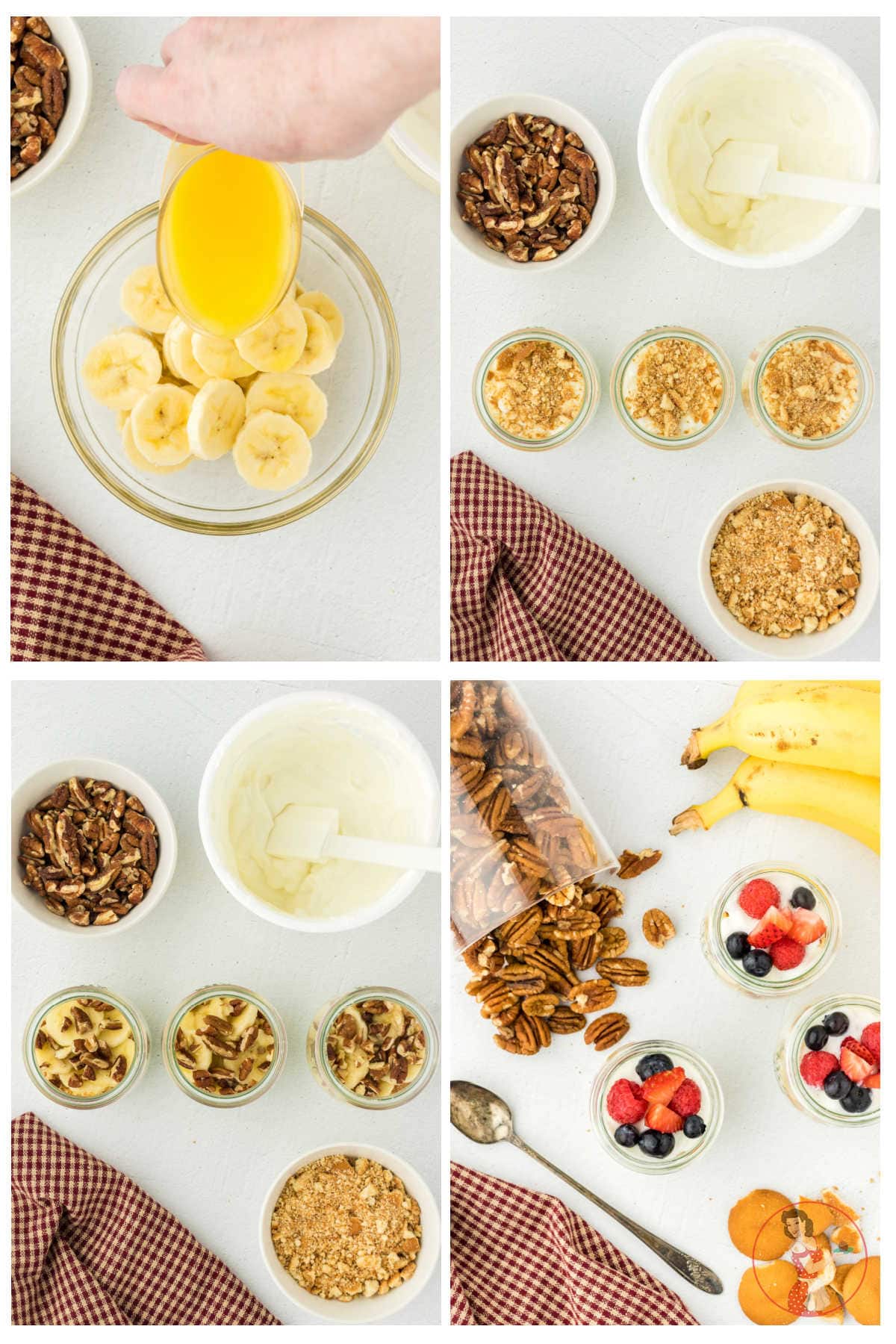 Step by step images showing how to make banana yogurt parfaits.