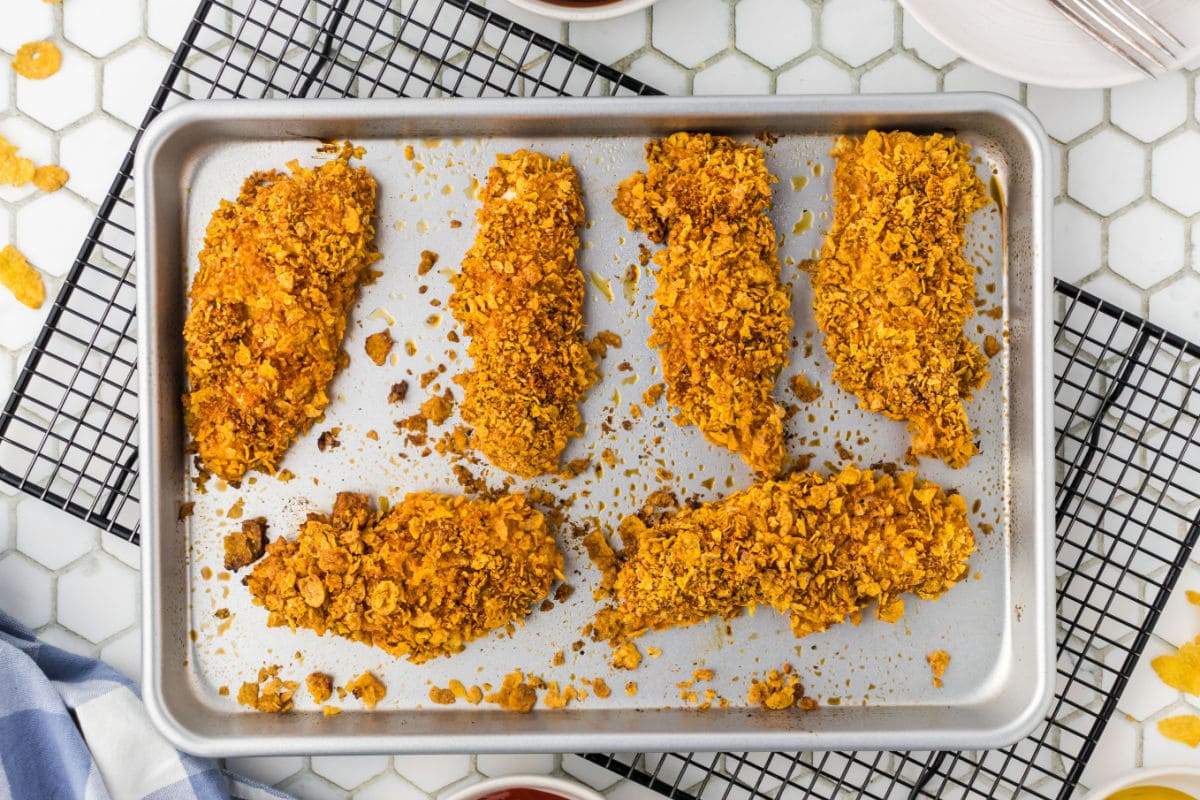 Crispy chicken tenders fresh from the oven.