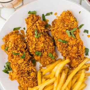 Closeup of the chicken on a white plate.