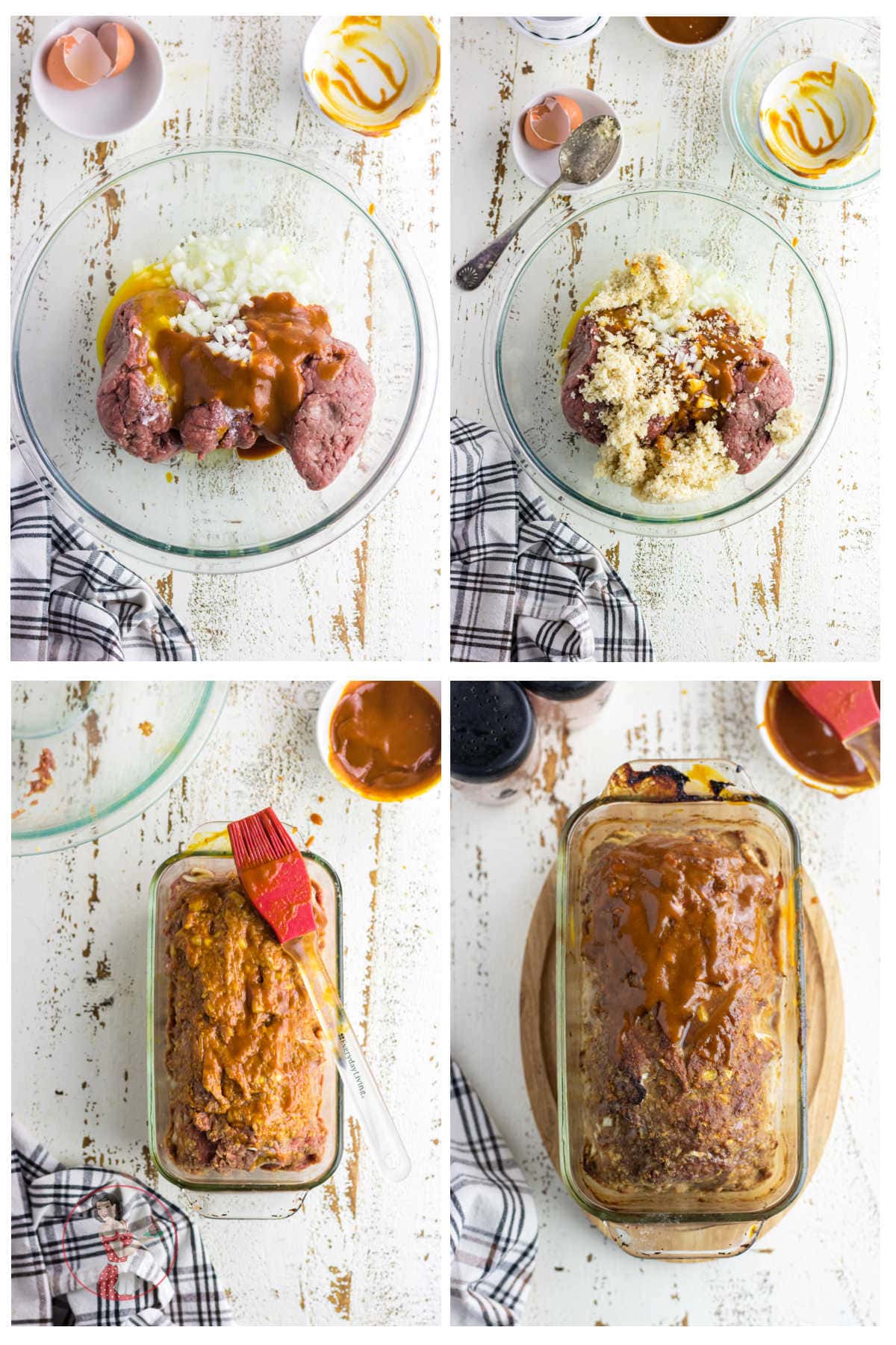 Step by step images showing how to make meatloaf.