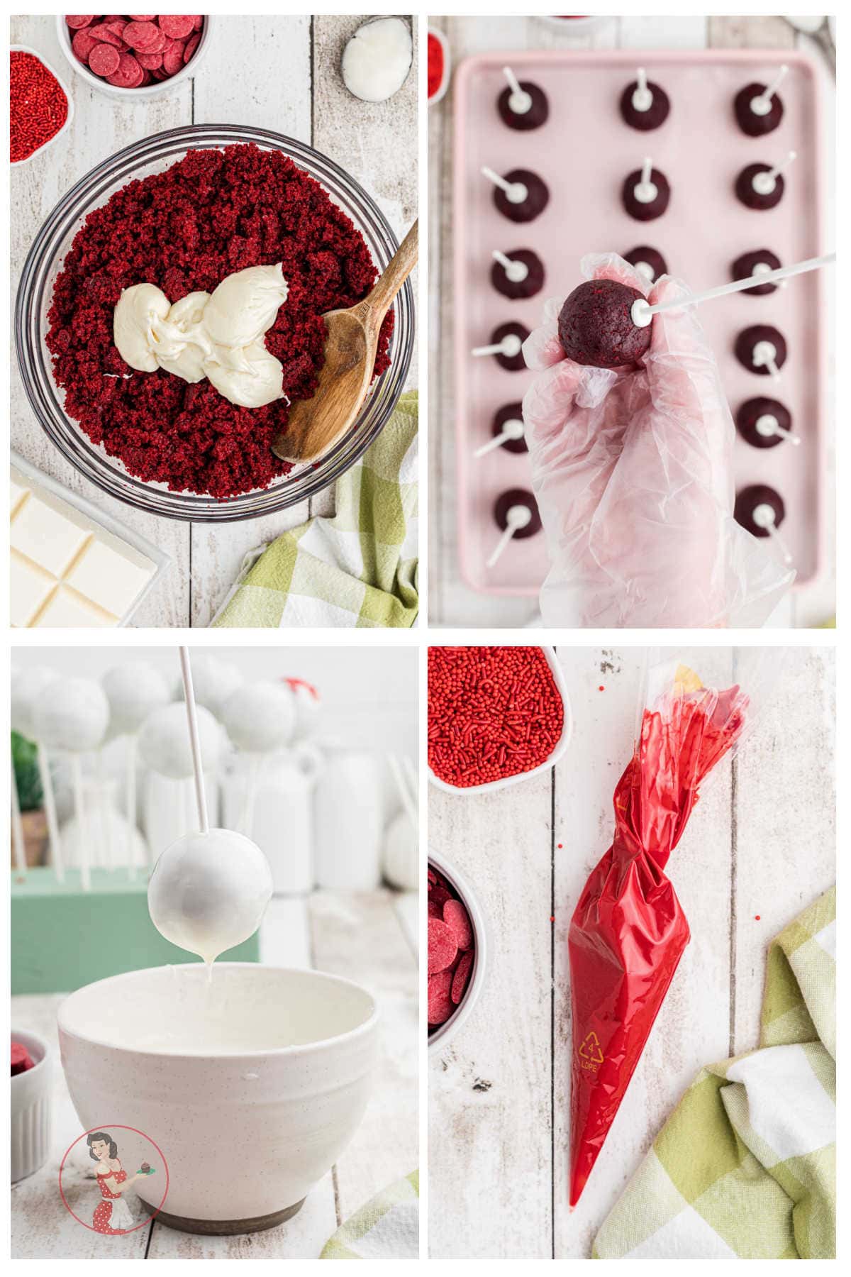 Step by step images showing how to make red velvet cake pops.