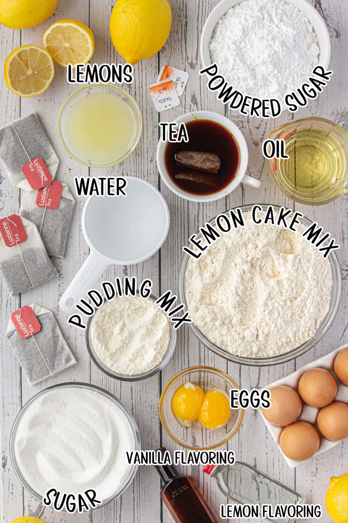 Labeled ingredients for this cake.