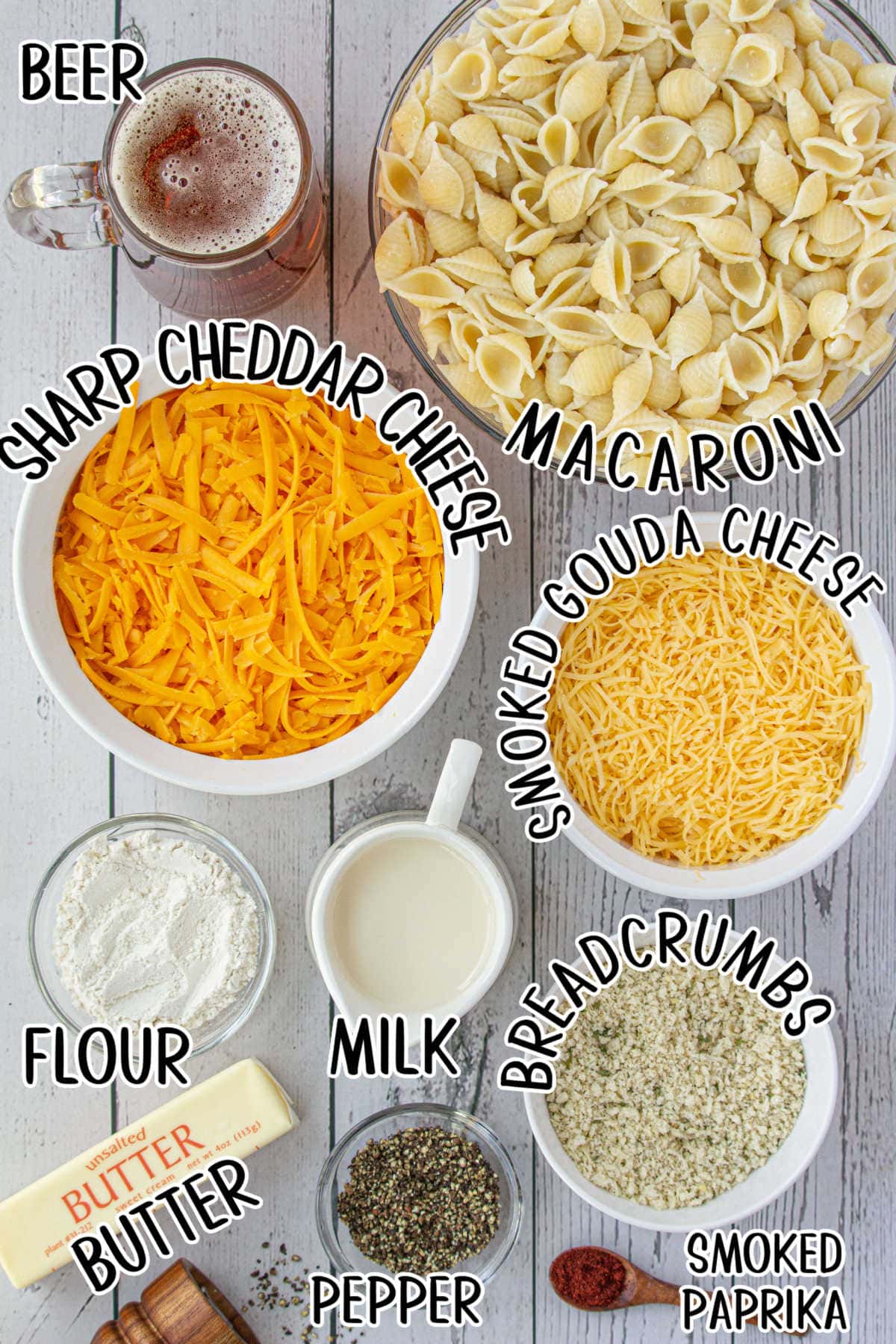 Labeled ingredients for macaroni and cheese with beer.