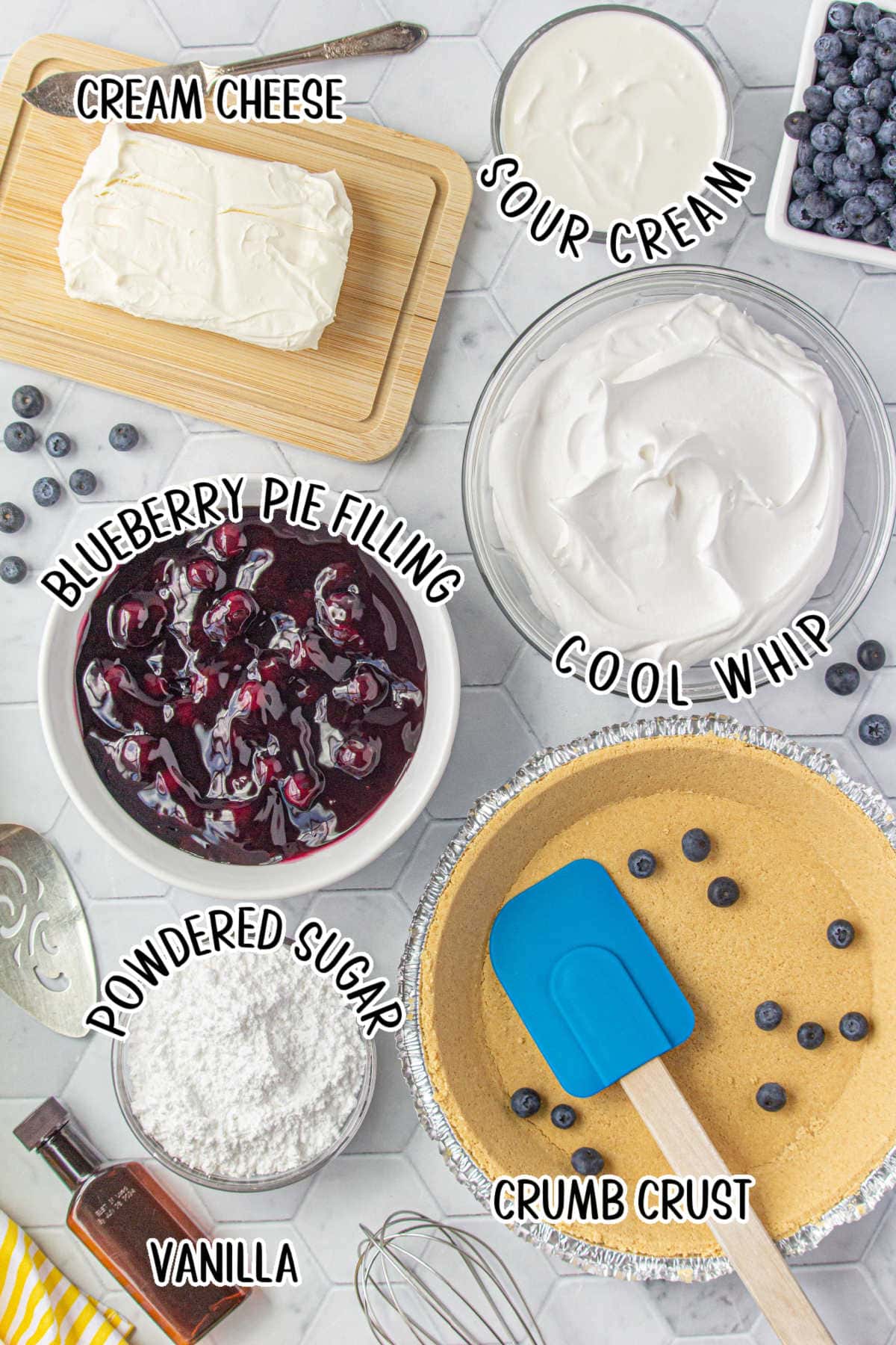Labeled ingredients for no bake blueberry cheesecake.